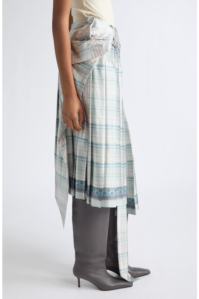 Icony Plaid Bow Pleated Silk Skirt, Alternate, color, AQUA BLUE