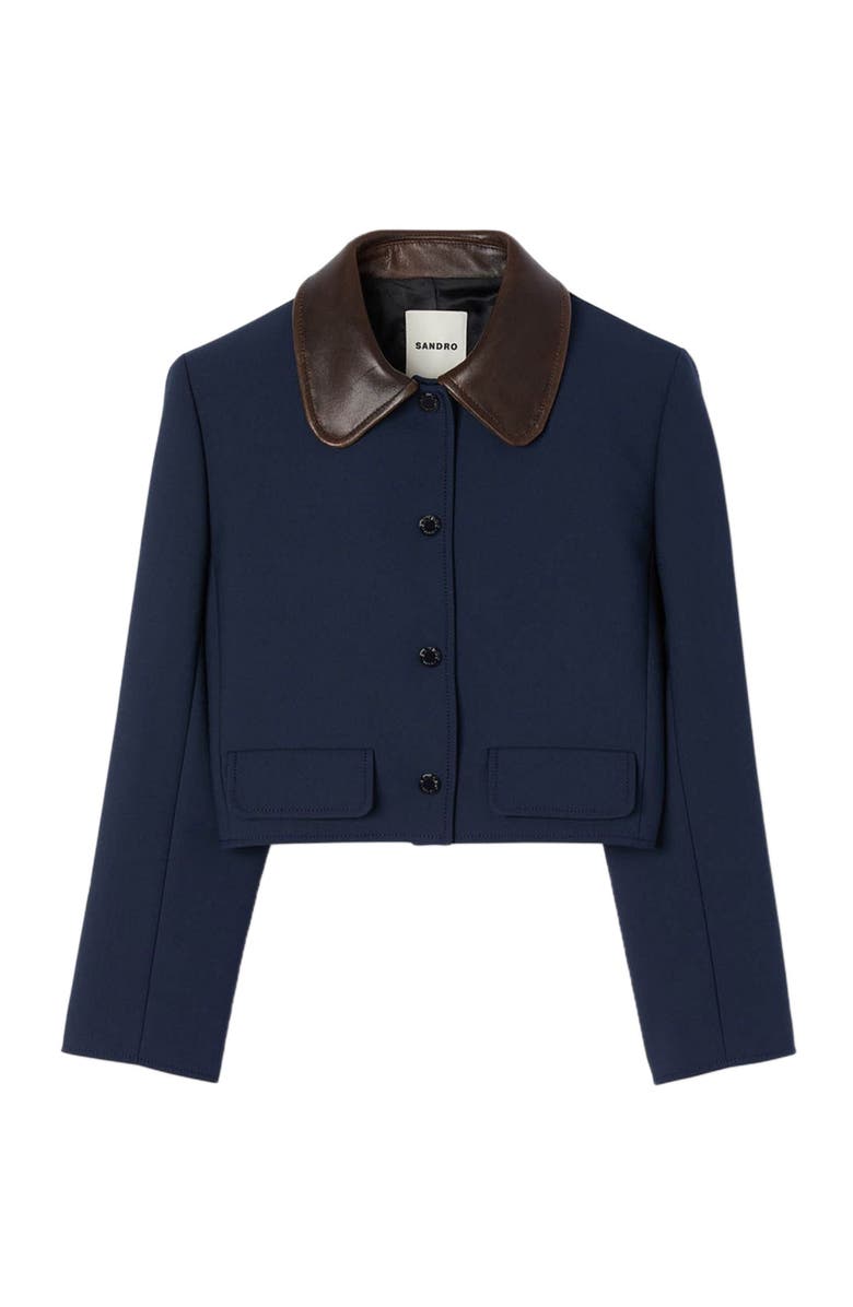 SANDRO Cropped jacket with leather collar, Alternate, color, Navy Blue