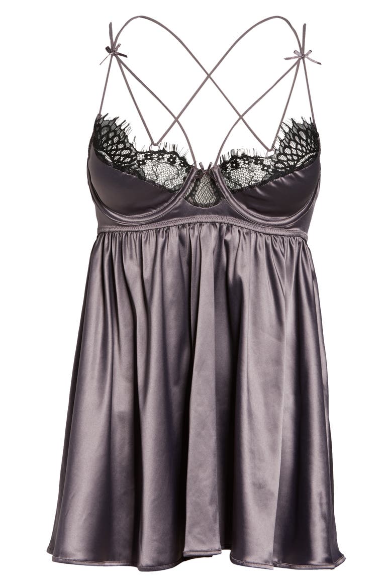 Underwire Babydoll Chemise & G-String, Alternate, color, SHARK/ BLACK