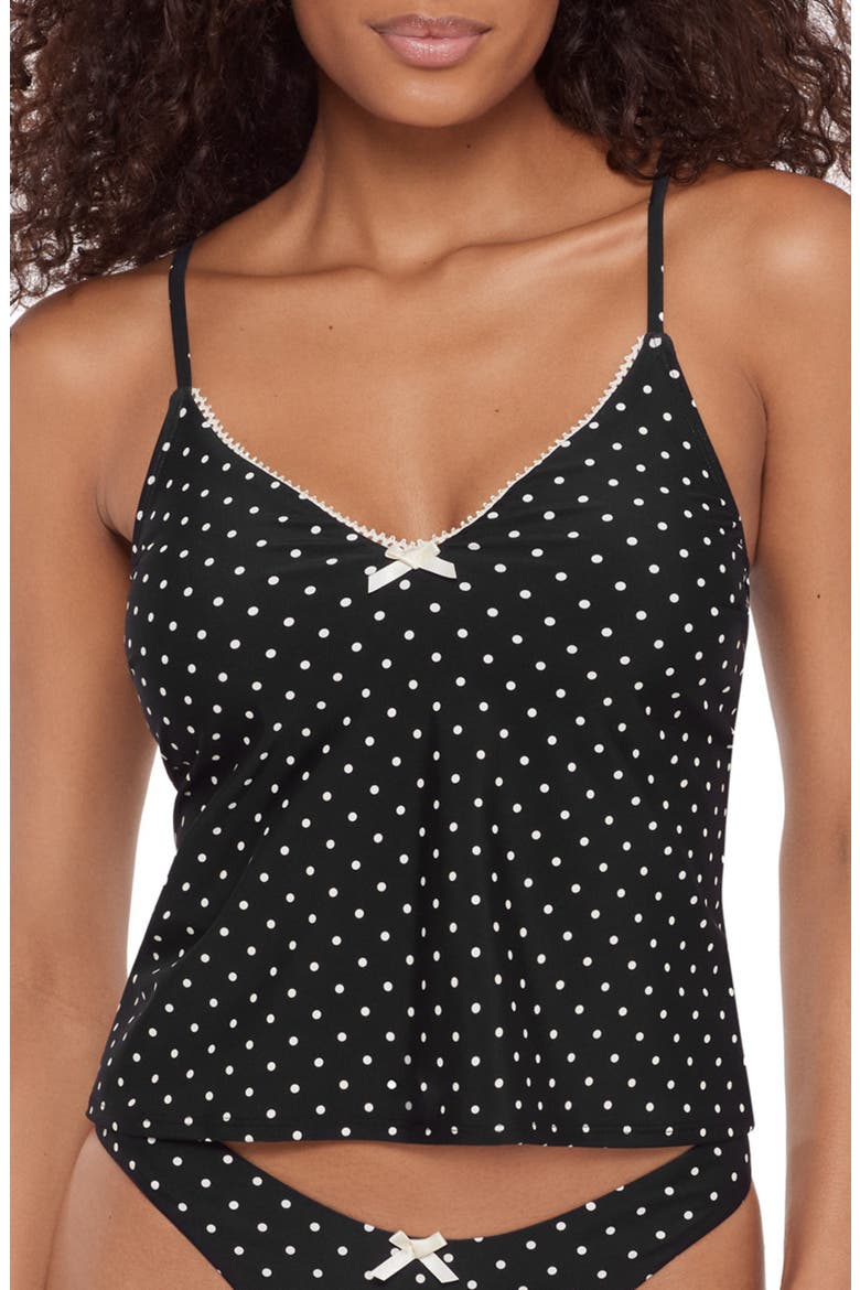 Polka Dot Lace-Up Tankini Top, Main, color, RAVEN BLACK