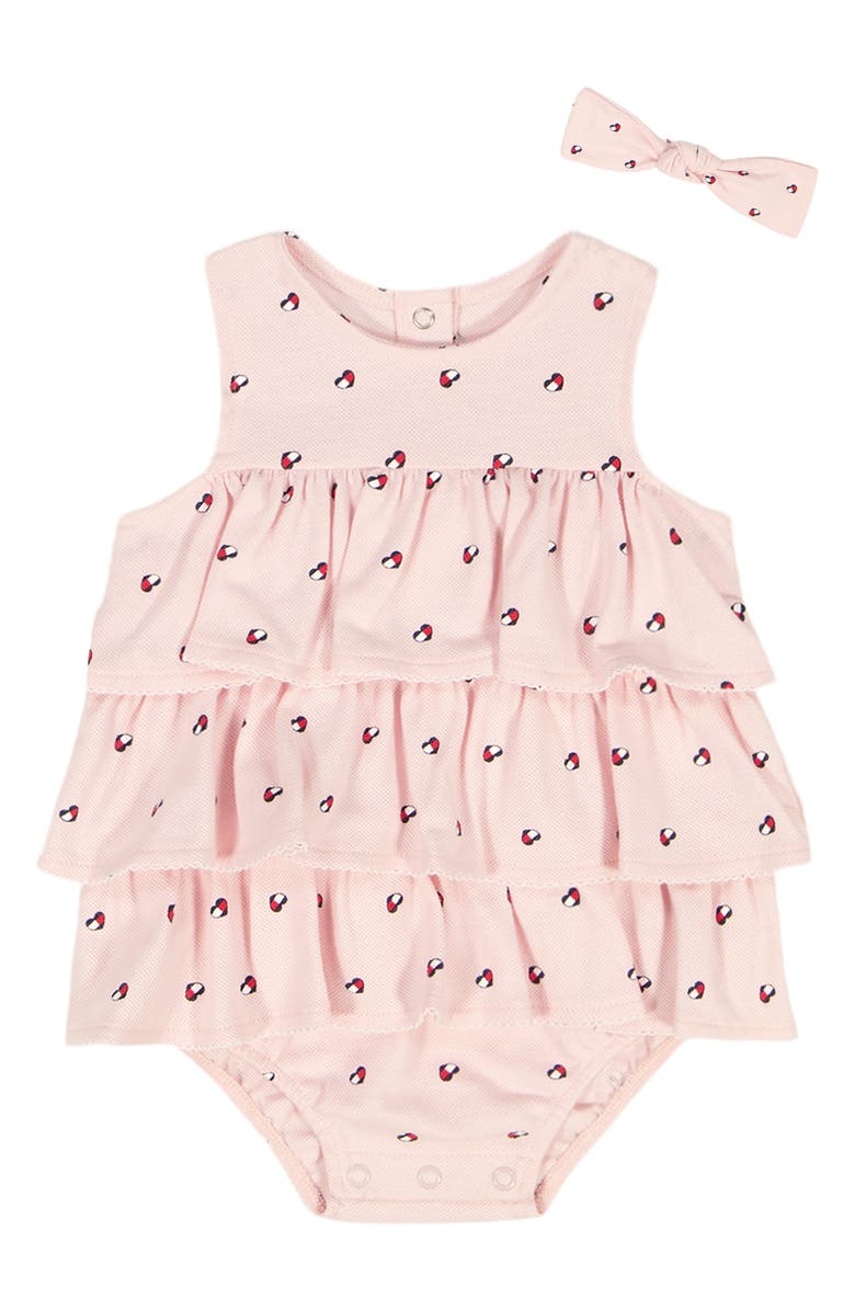 Tommy Hilfiger Ruffle Piquè Bodysuit & Headband Set, Main, color, Dark Pink