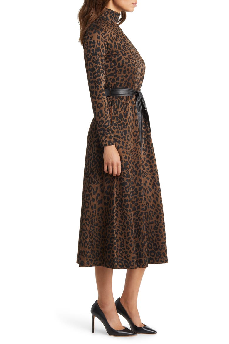 Long Sleeve Mock Neck Leopard Print Tie Waist Dress, Alternate, color, ESPRESSO/ ANNE BLACK