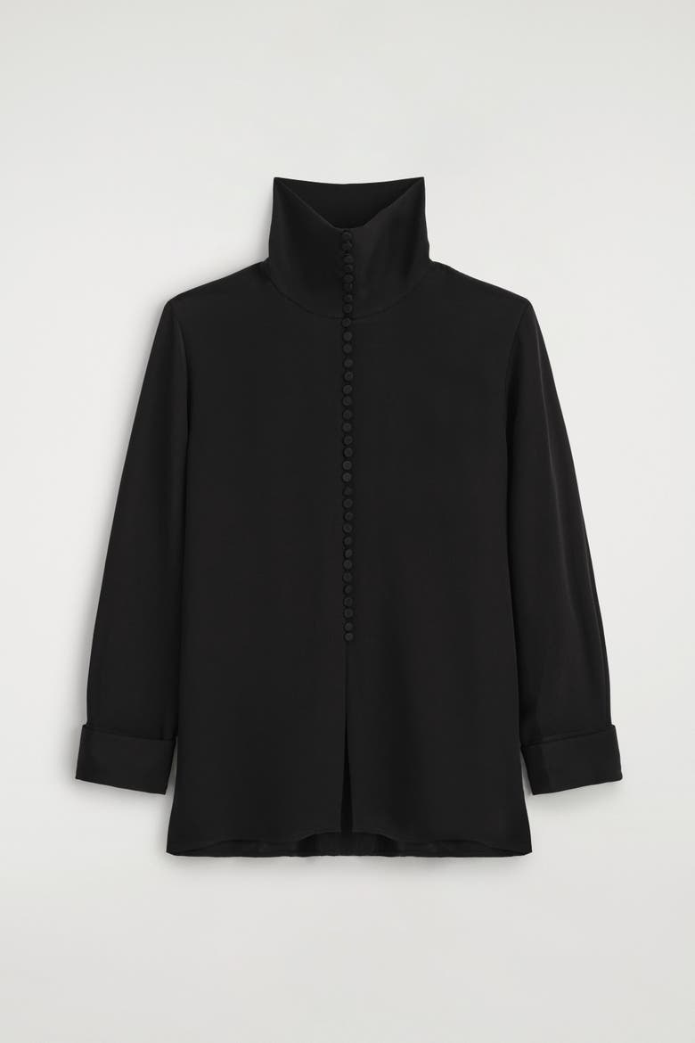 Button-detail Silk-crepe Shirt, Alternate, color, BLACK