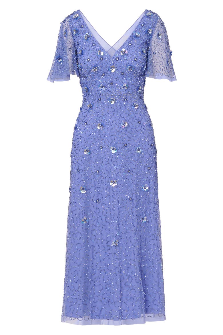 Beaded Mesh Flutter Sleeve Cocktail Dress, Alternate, color, PERI BLUE