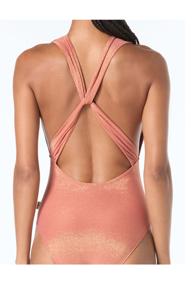 Vince Camuto Plunge Neck One-Piece Swimsuit, Alternate, color, Almond