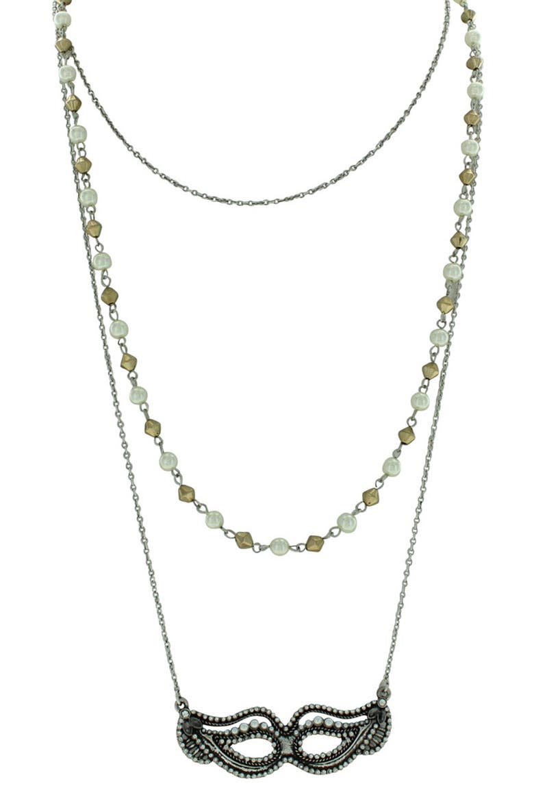 Triple Layer Beaded Imitation Pearl Mask Pendant Necklace, Main, color, ANTIQUE SILVER / CREAM