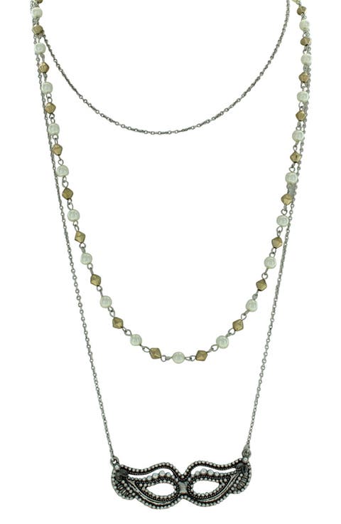 Triple Layer Beaded Imitation Pearl Mask Pendant Necklace