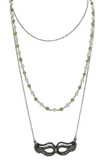 Olivia Welles Triple Layer Beaded Imitation Pearl Mask Pendant Necklace In Antique Silver/cream