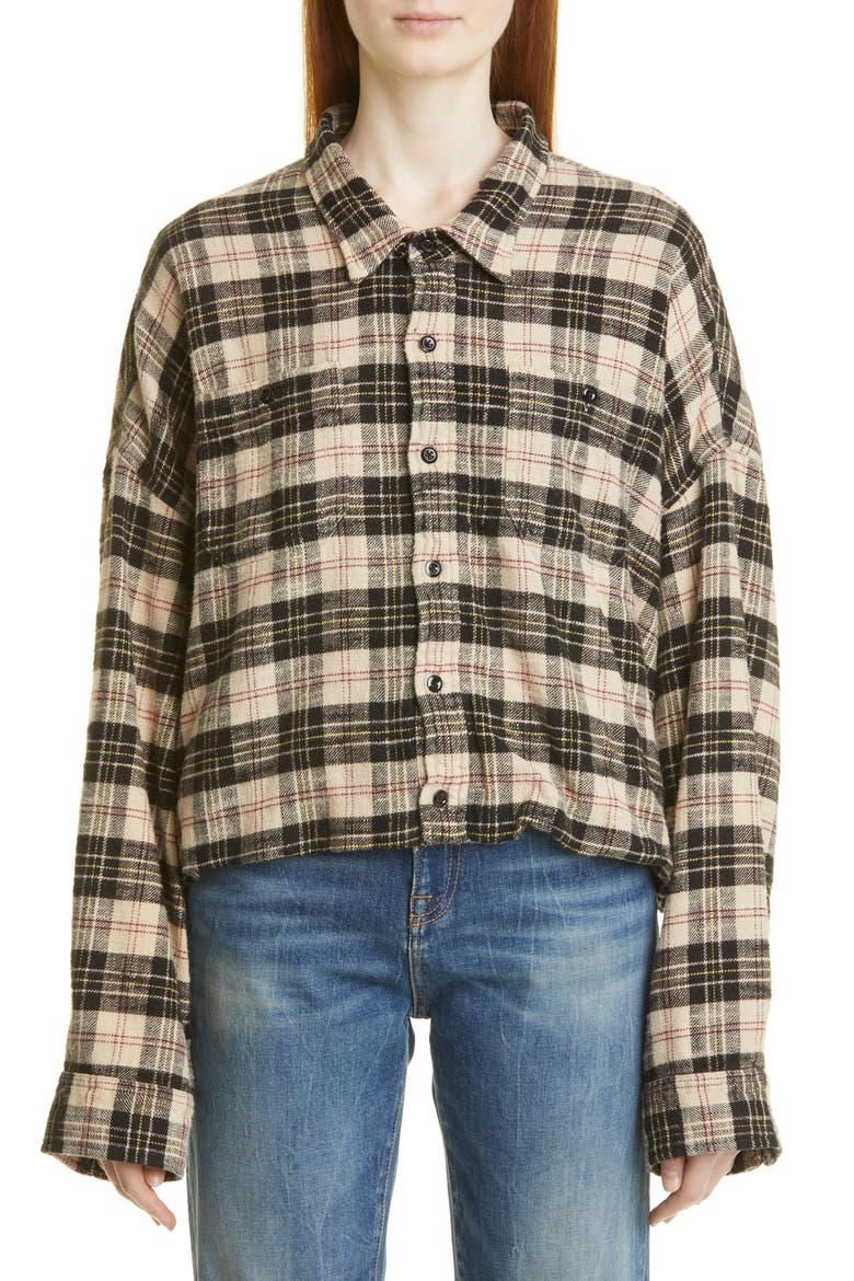 Oversize Plaid Gathered Hem Work Shirt, Main, color, BEIGE/ BLACK PLAID