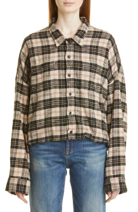 Oversize Plaid Gathered Hem Work Shirt