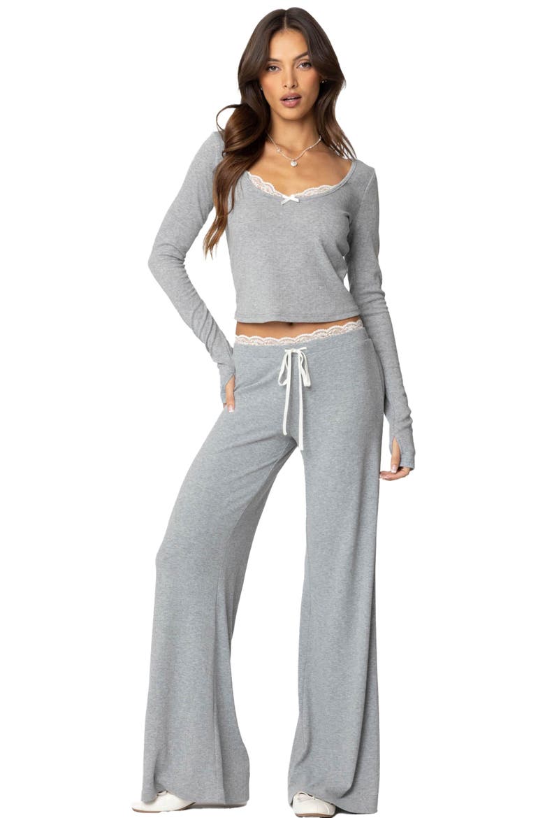 Peekaboo Lace Trim Knit Wide Leg Pants, Alternate, color, GRAY-MELANGE