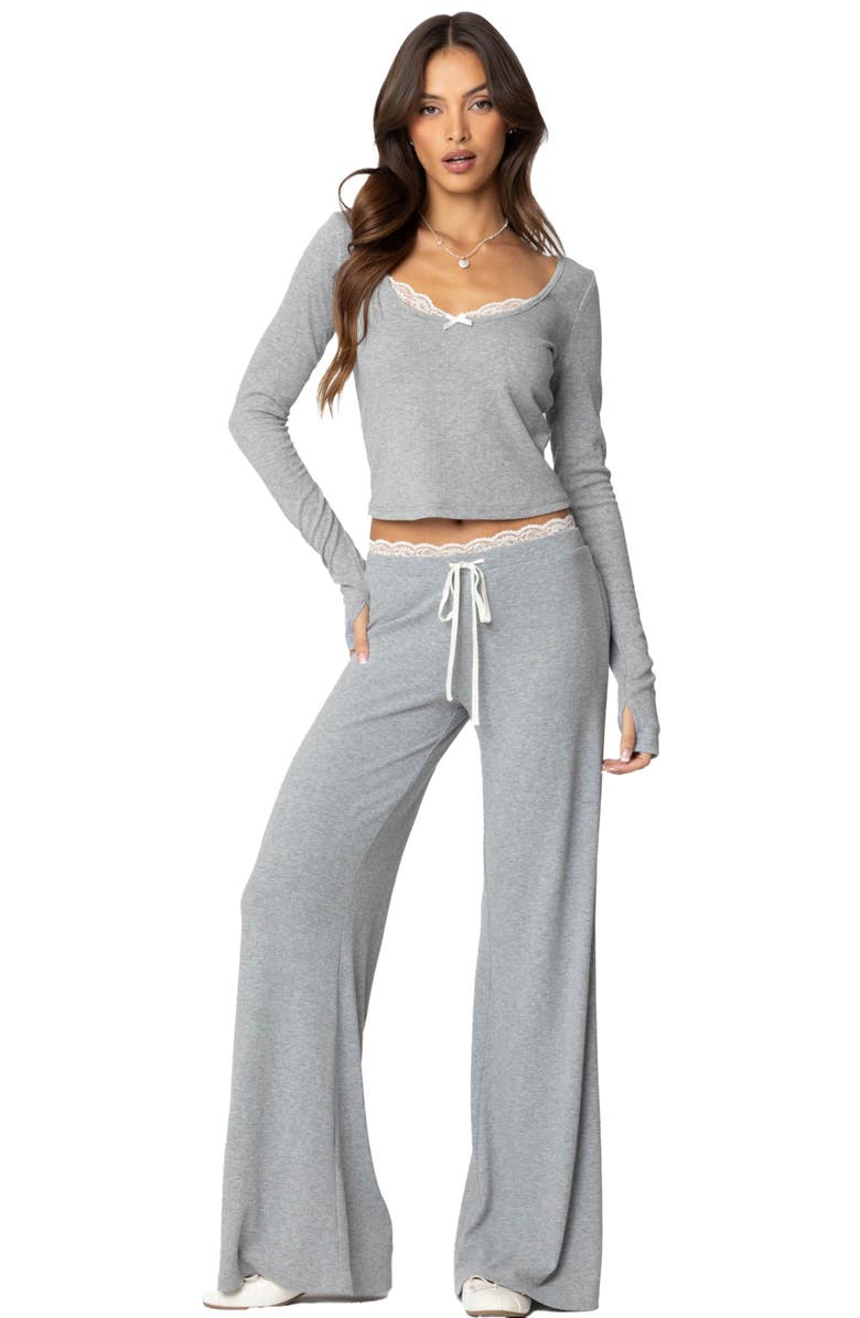 EDIKTED Peekaboo Lace Trim Knit Wide Leg Pants, Alternate, color, Gray-Melange