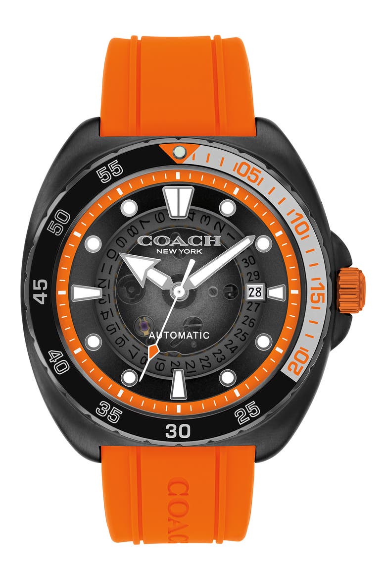 Charter Silicone Strap Watch, 44.5mm, Main, color, BLACK/ORANGE