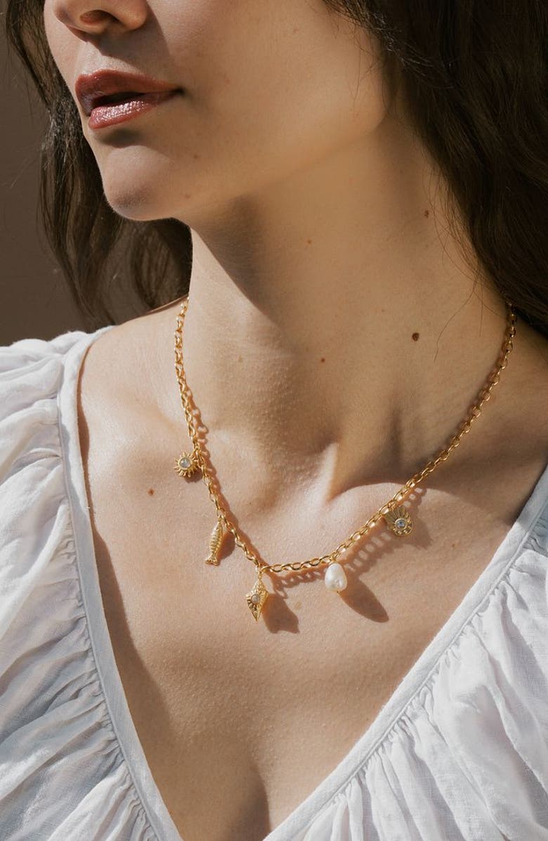 Satya Jewelry Blessings of the Sea Multi Charm Necklace, Alternate, color, Gold