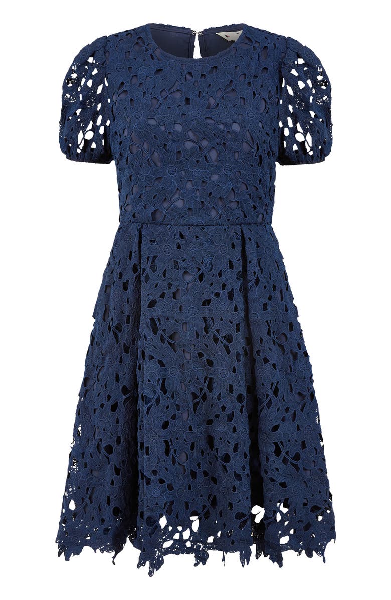 Yumi Lace Skater Dress With Puff Sleeves, Alternate, color, Navy