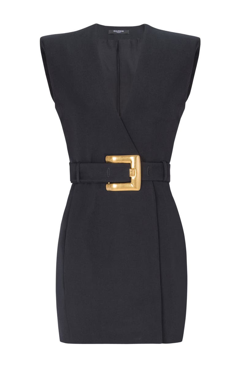 Balmain Short belted grain de poudre dress, Alternate, color, Black