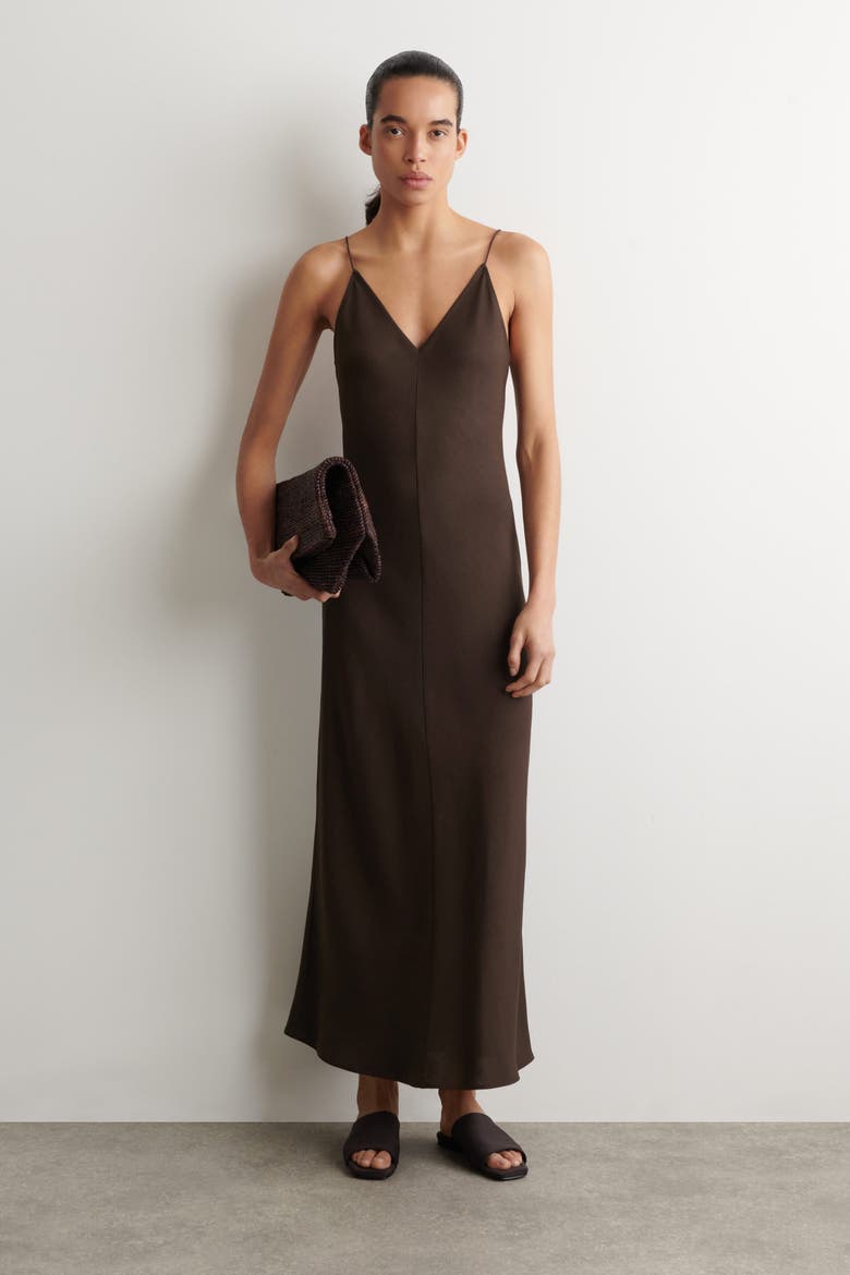 V-neck Midi Cami Dress, Alternate, color, BROWN