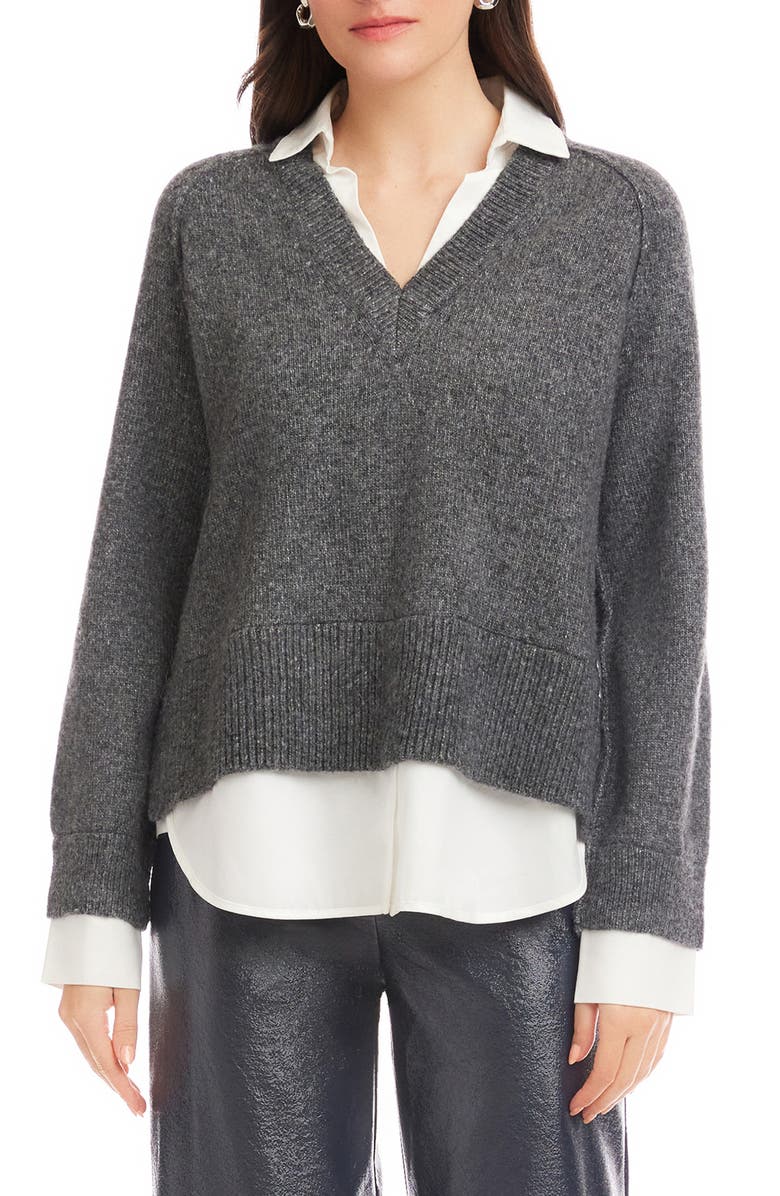 FIFTEEN TWENTY Carrie Mixed Media Layered Sweater, Main, color, Charcoal
