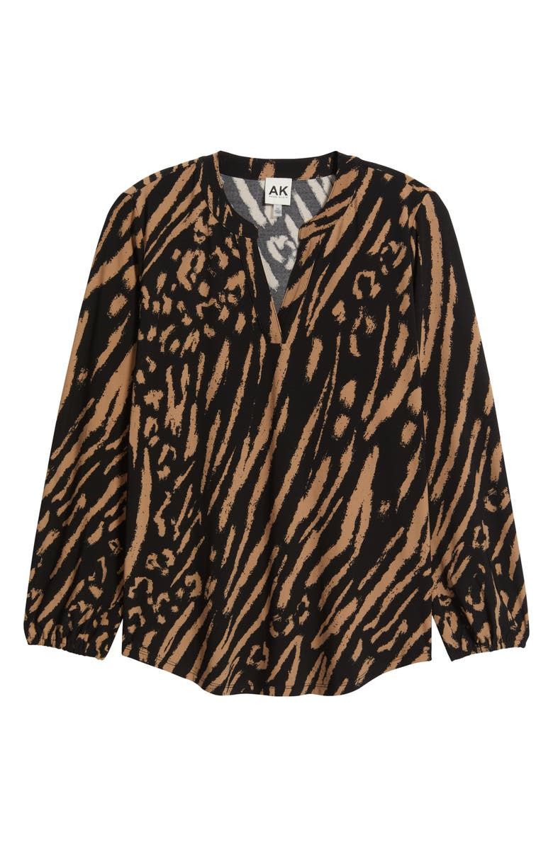 AK ANNE KLEIN Printed Split Neck Top, Alternate, color, Anne Black/ Vicuna