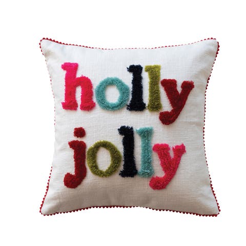 Square Cotton Slub Pillow with Tufting and Pom Pom Trim "holly jolly", Multicolor