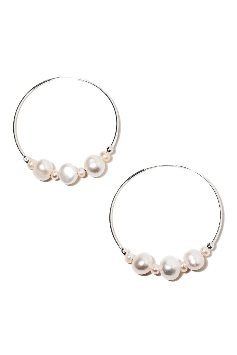 Tefnut Freshwater Pearl Hoop Earrings, Alternate, color, SILVER