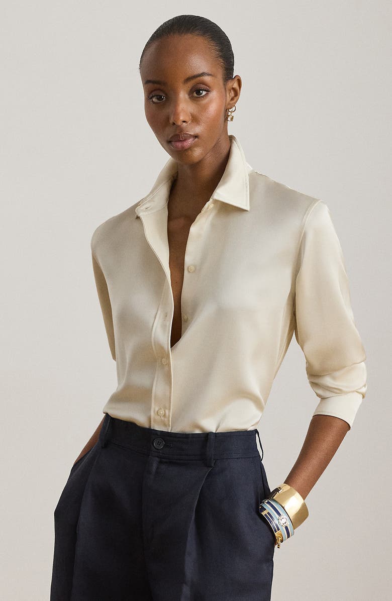 Lauren Ralph Lauren Drapey Georgette Button-Up Shirt, Alternate, color, Mascarpone Cream
