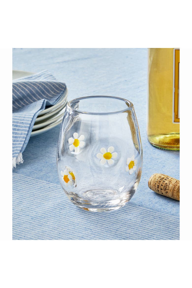 Clear Glass Stemless Wine Glass with Yellow White Daisies, Alternate, color, White