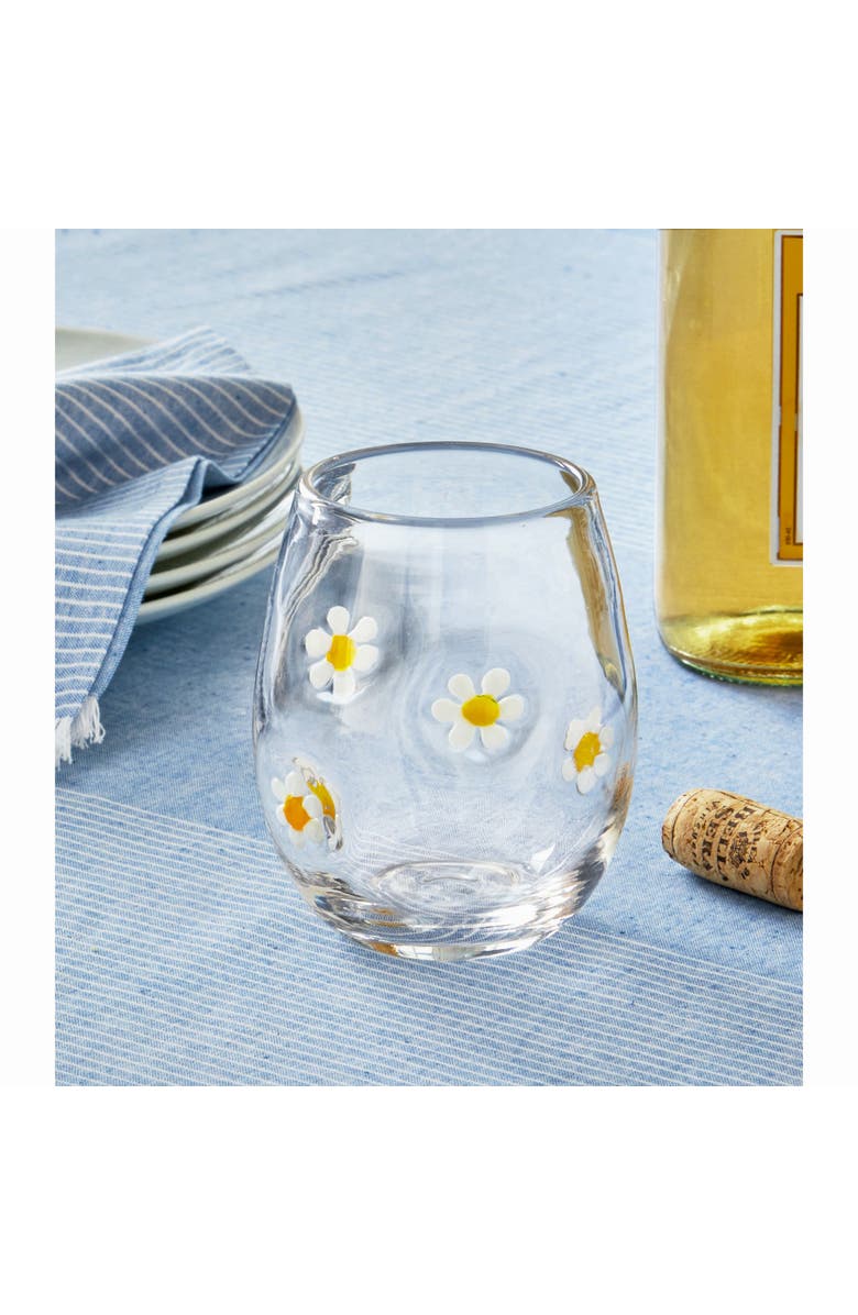 tag Clear Glass Stemless Wine Glass with Yellow White Daisies, Alternate, color, White