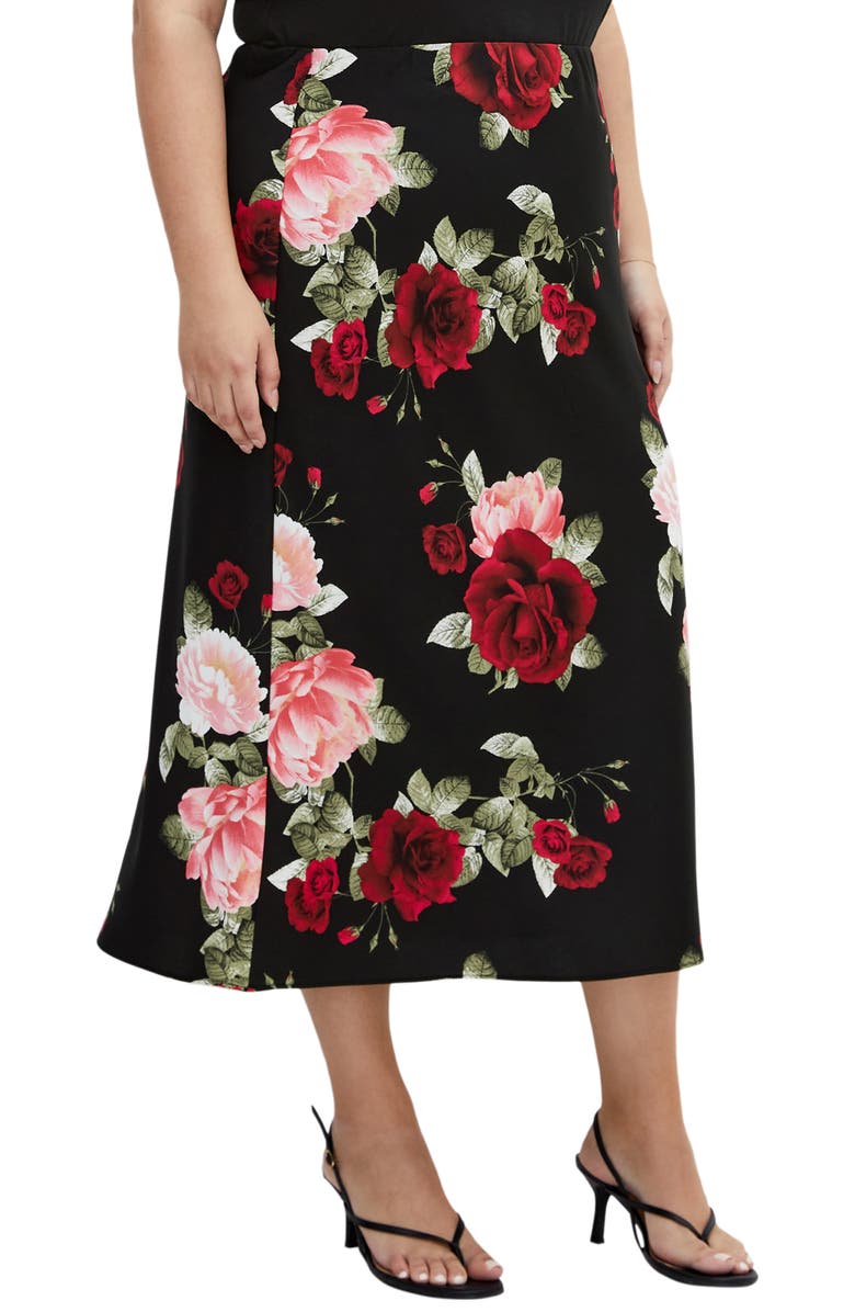 City Chic Cherie Floral Print Satin Midi Skirt, Alternate, color,