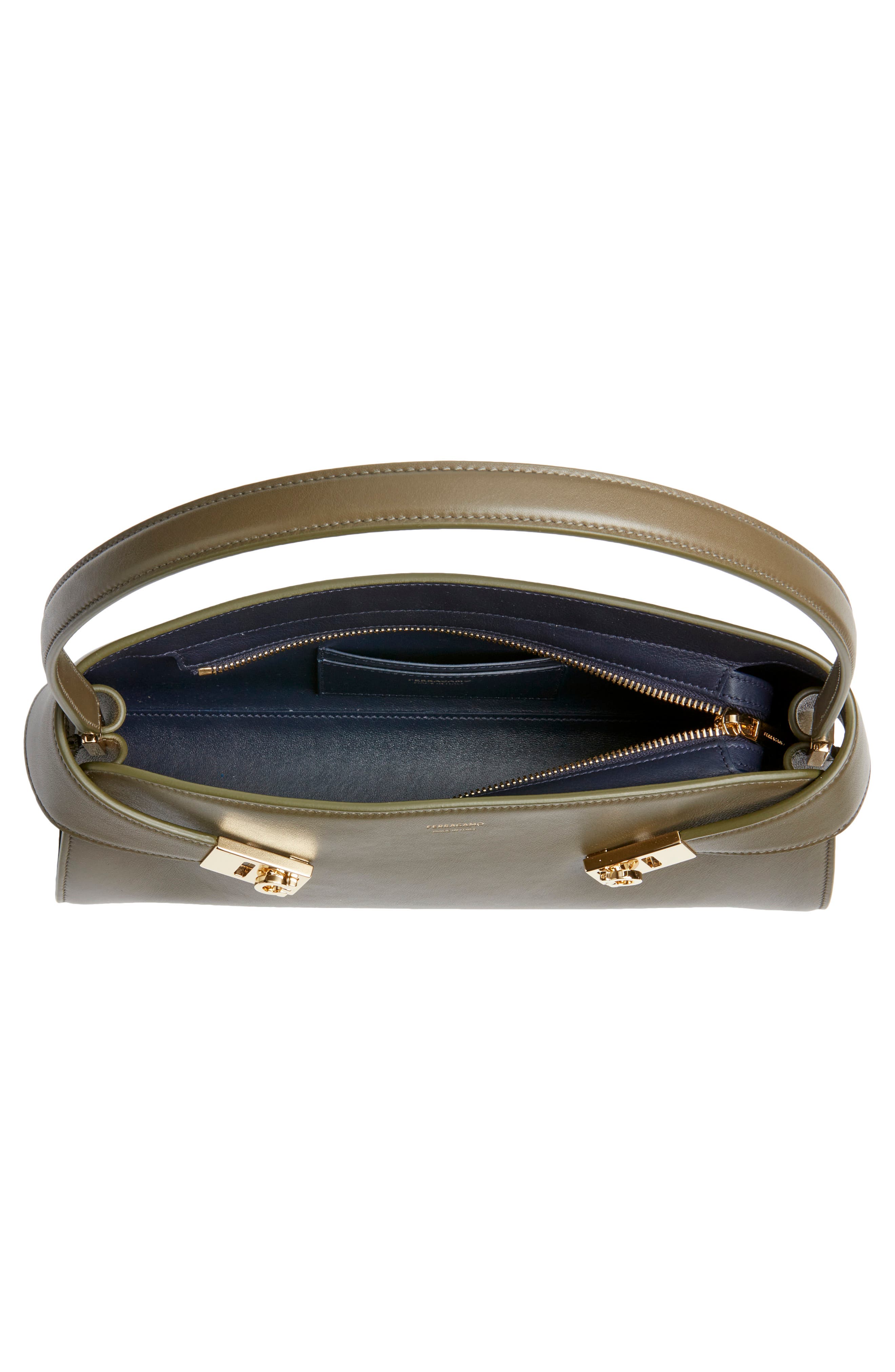 FERRAGAMO Hug Leather East/West Shoulder Bag, Alternate, color, New Olive New Navy