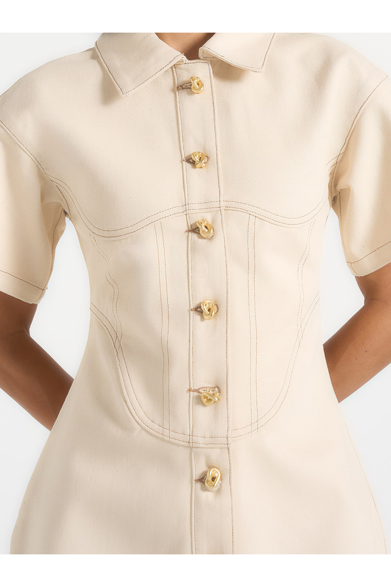 Mathilde Corset Contrast Stitch Denim Dress, Alternate, color, White