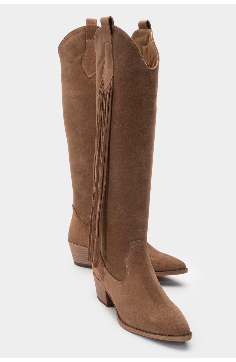 Forever & Always Shoes Rios Leather Fringe Knee High Boot, Main, color, Cognac Leather