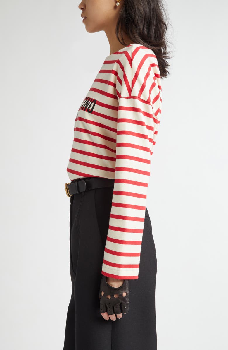 Valentino Garavani Stripe Logo Long Sleeve Cotton T-Shirt, Alternate, color, Avorio/Rosso