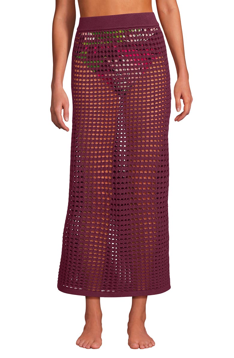 Lands' End Cotton Open Knit Maxi Swim Cover-up Skirt, Alternate, color, Burgundy Spritz