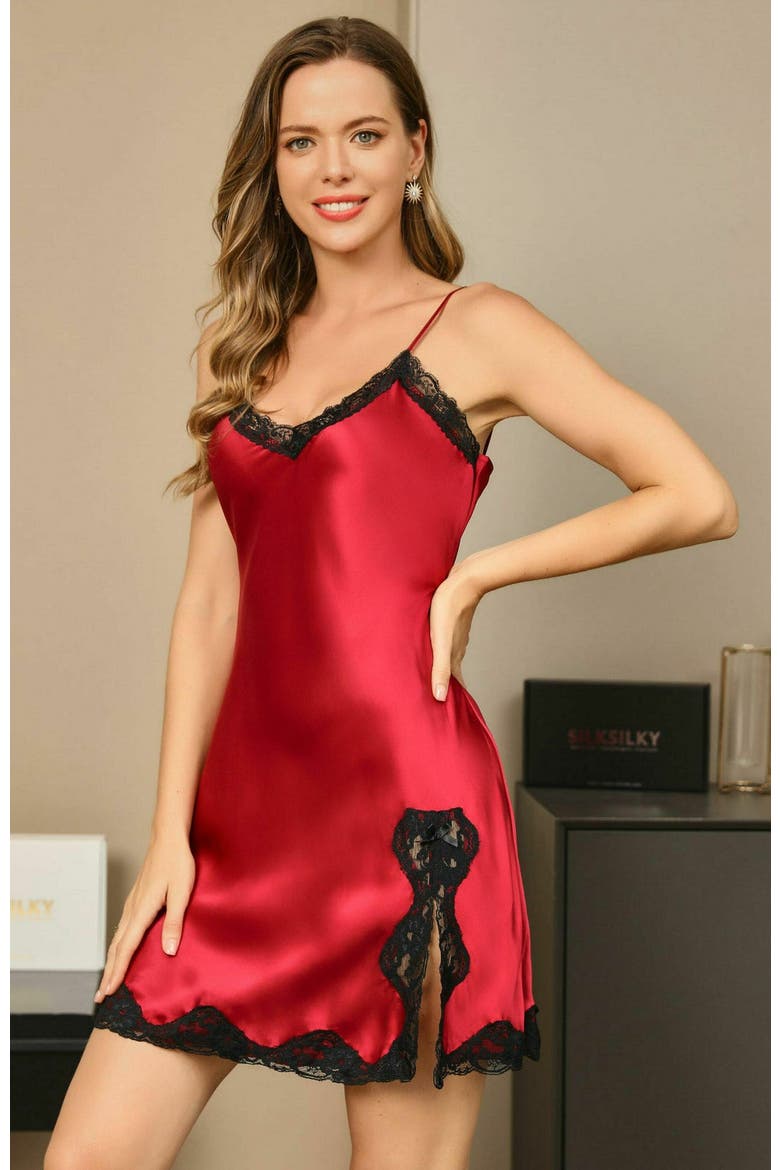 Pure Silk Lace Trim Split Hem Chemise Nightgown, Alternate, color, Wine