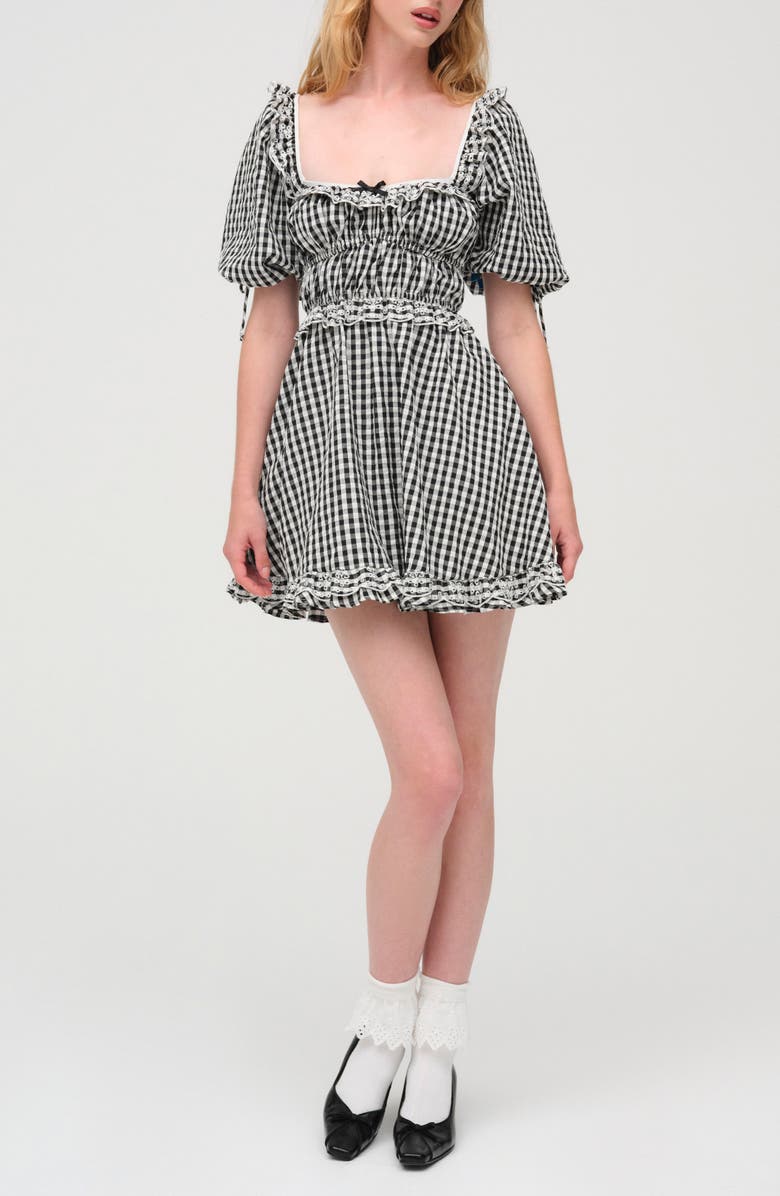 For Love & Lemons Jackson Gingham Ruffle Cotton Minidress, Main, color, Black
