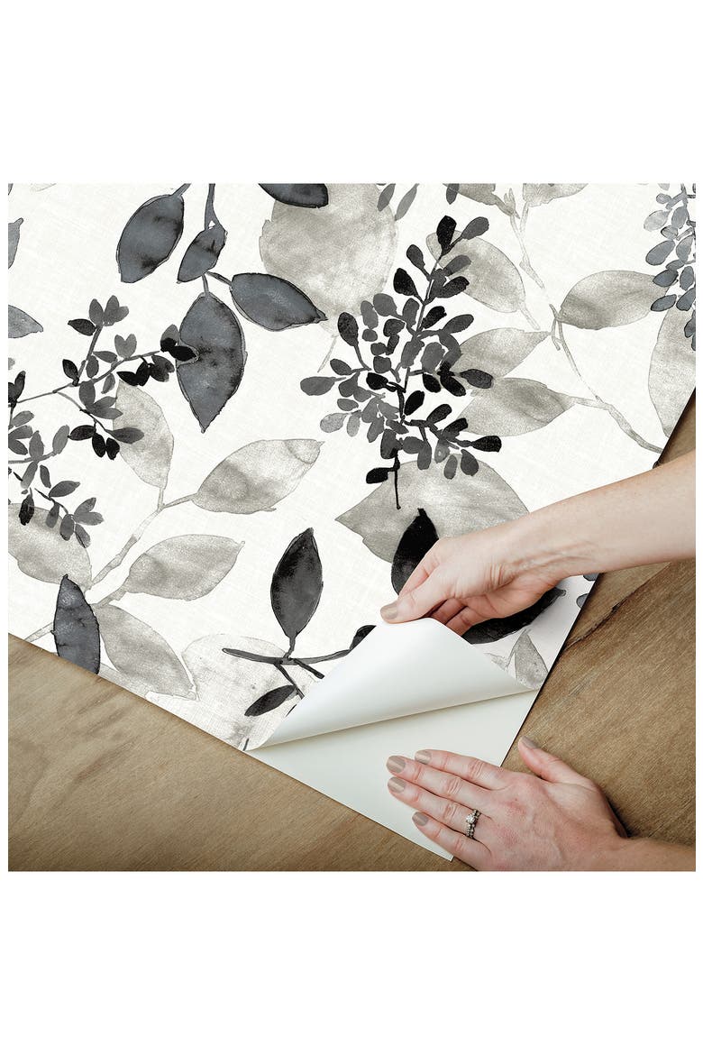 Breezy Floral Chevron Wallpaper, Alternate, color, BLACK