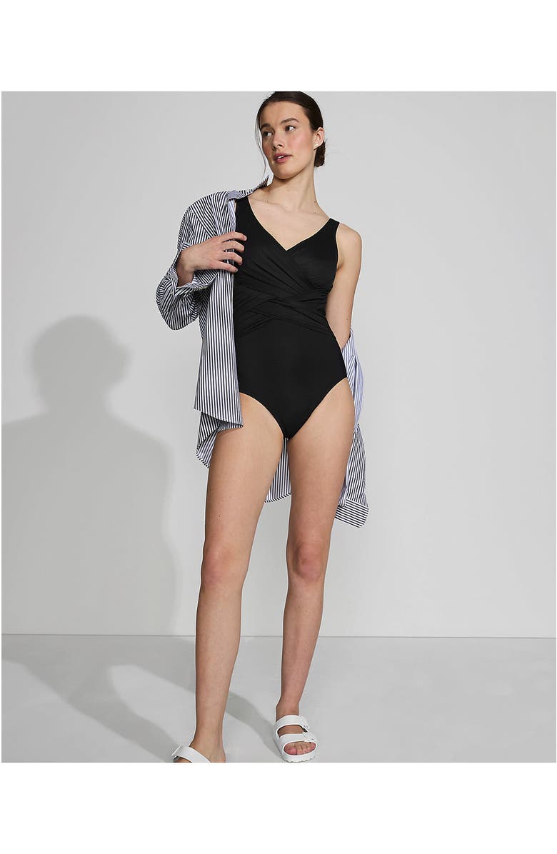 Lands' End SlenderSuit Wrap One Piece Swimsuit, Alternate, color, Black