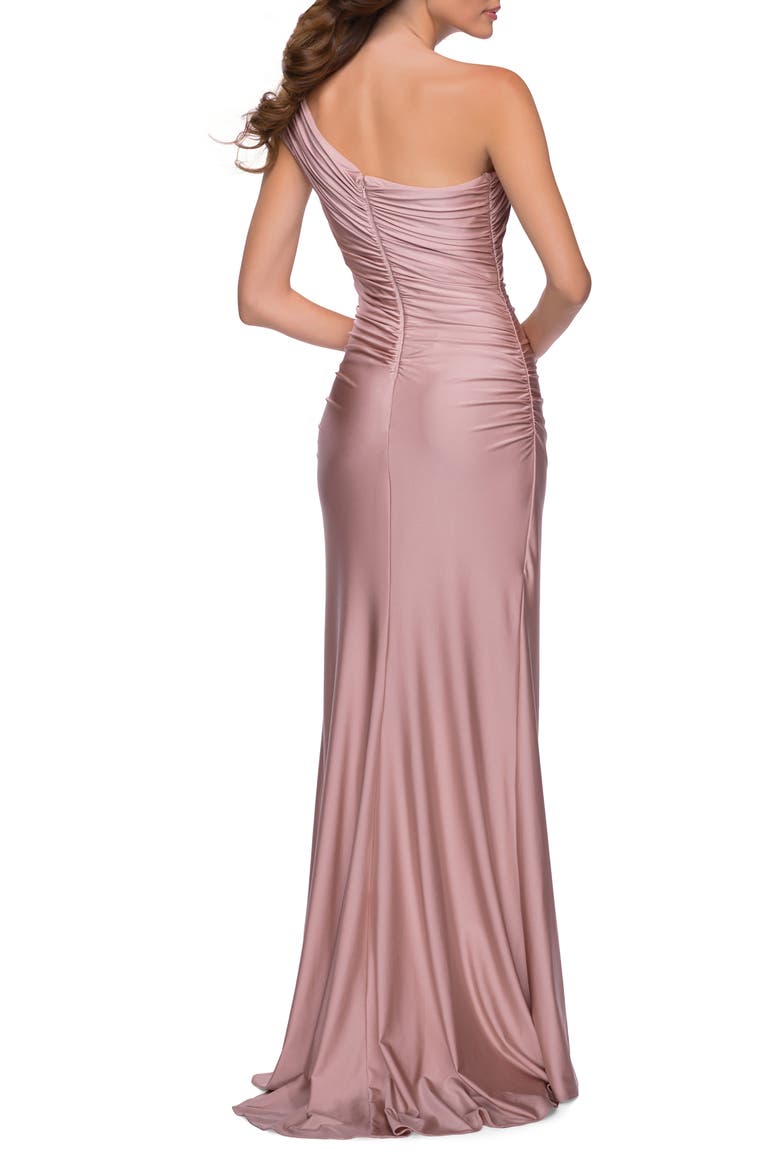 One Shoulder Shiny Ruched Jersey Dress with Slit, Alternate, color, MAUVE