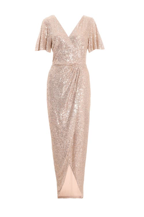 Quiz Sequin Wrap Batwing Maxi Dress In Neutral