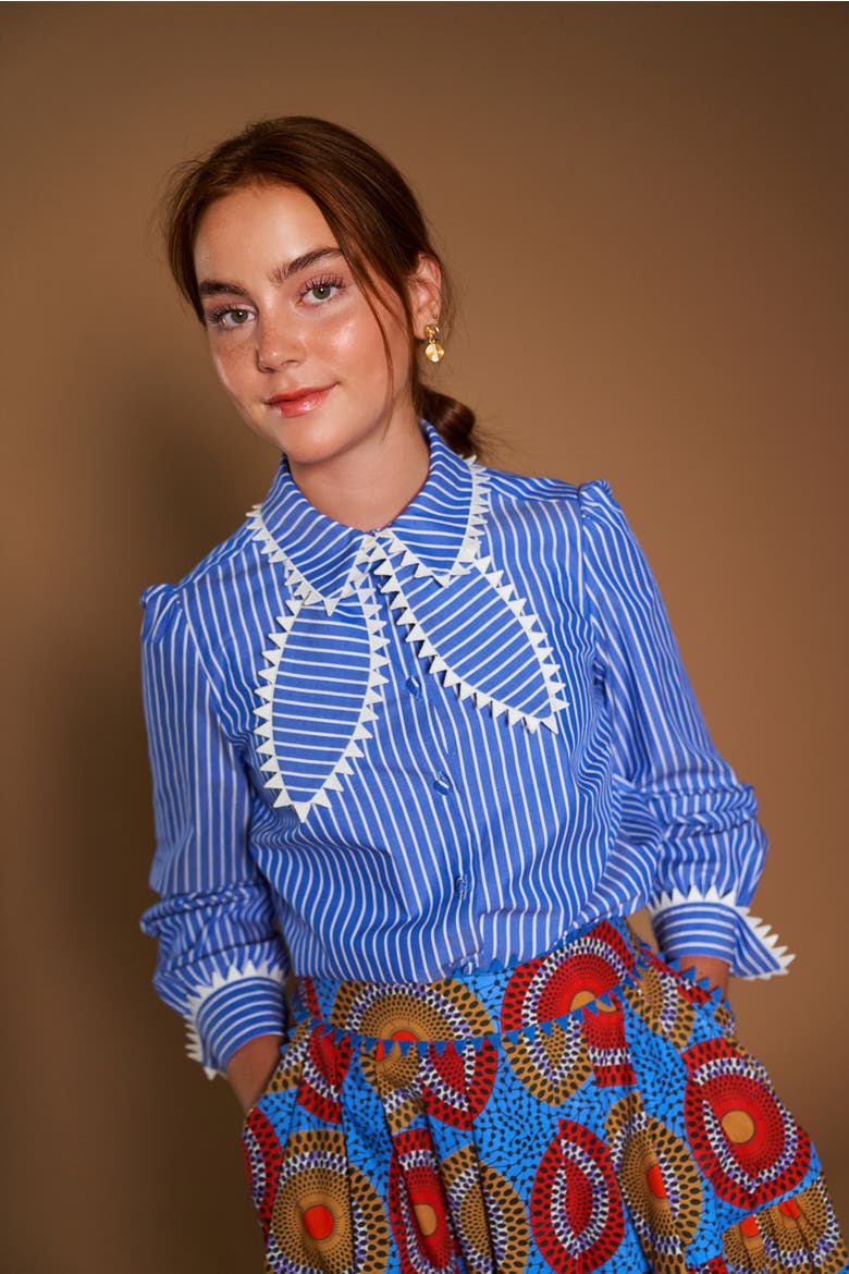 Striped Cotton Blouse With Macrame Trim, Alternate, color, Blue / White