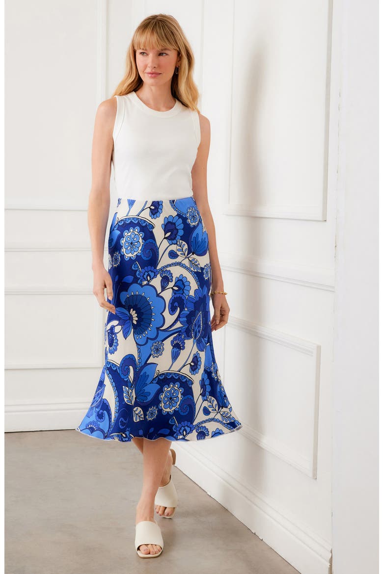 Floral Print Bias Cut Midi Skirt, Alternate, color, BLUE