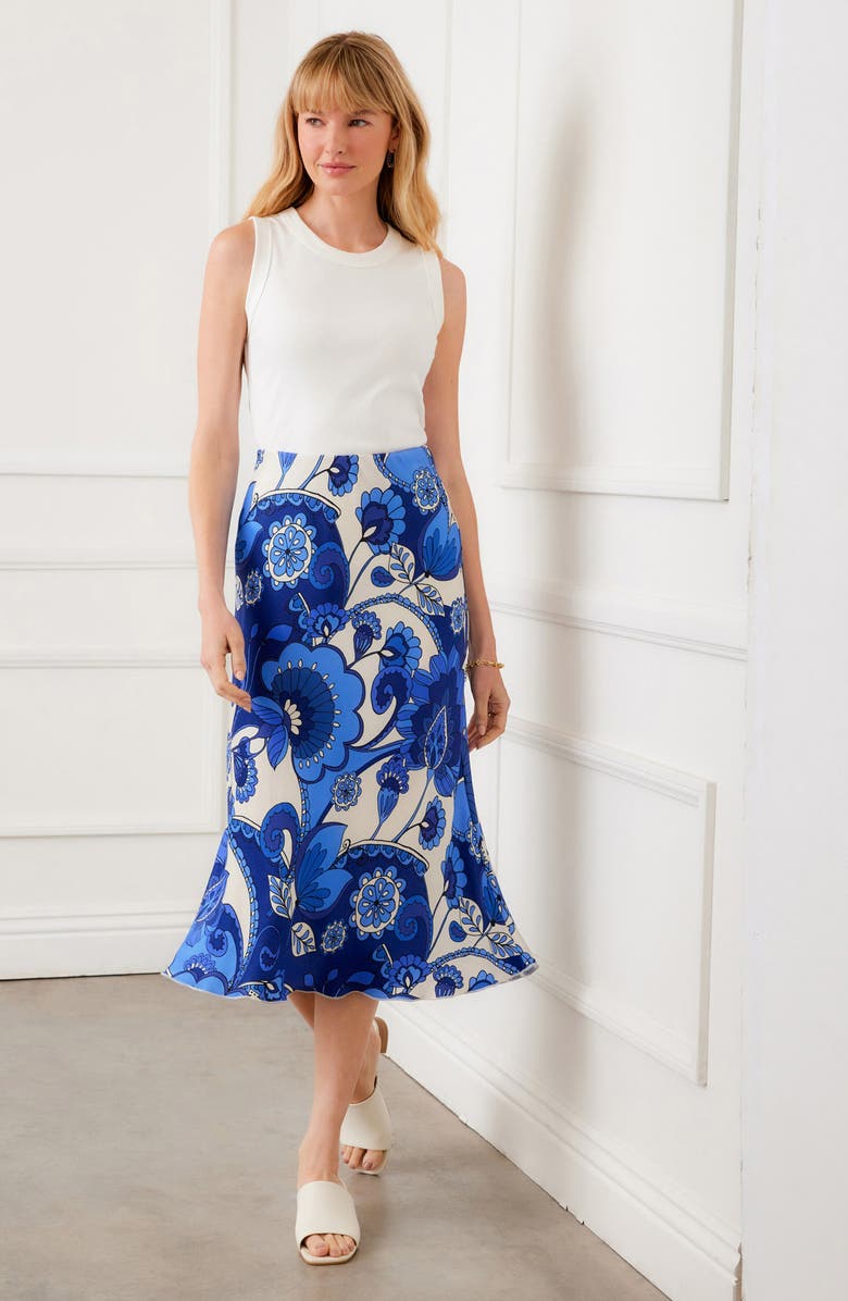 Karen Kane Floral Print Bias Cut Midi Skirt, Alternate, color, Blue