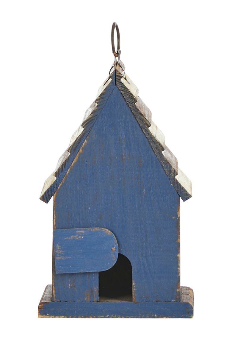 Patriotic Hanging Distressed Solid Wood Decorative Garden Birdhouse with Star, Alternate, color, Blue