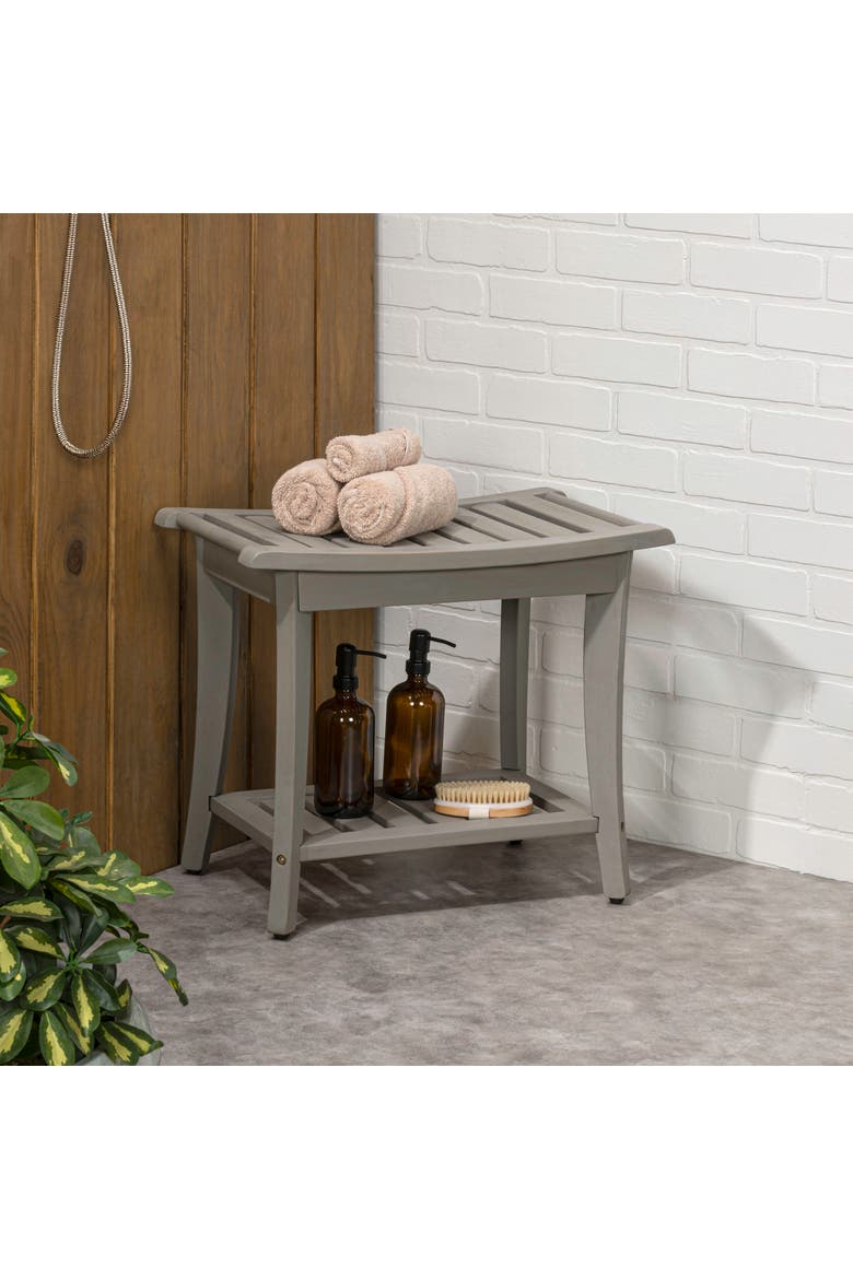 Tucker Modern Acacia Wood Shower Bench with Storage Shelf, Water-Resistant 2-Tier Spa Bath Stool for Bathroom and Outdoor Use, Alternate, color, Gray