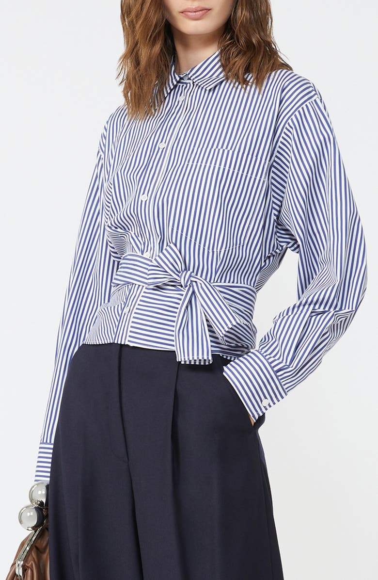 Weekend Max Mara Fresco Stripe Side Tie Cotton Button-Up Shirt, Alternate, color, Navy