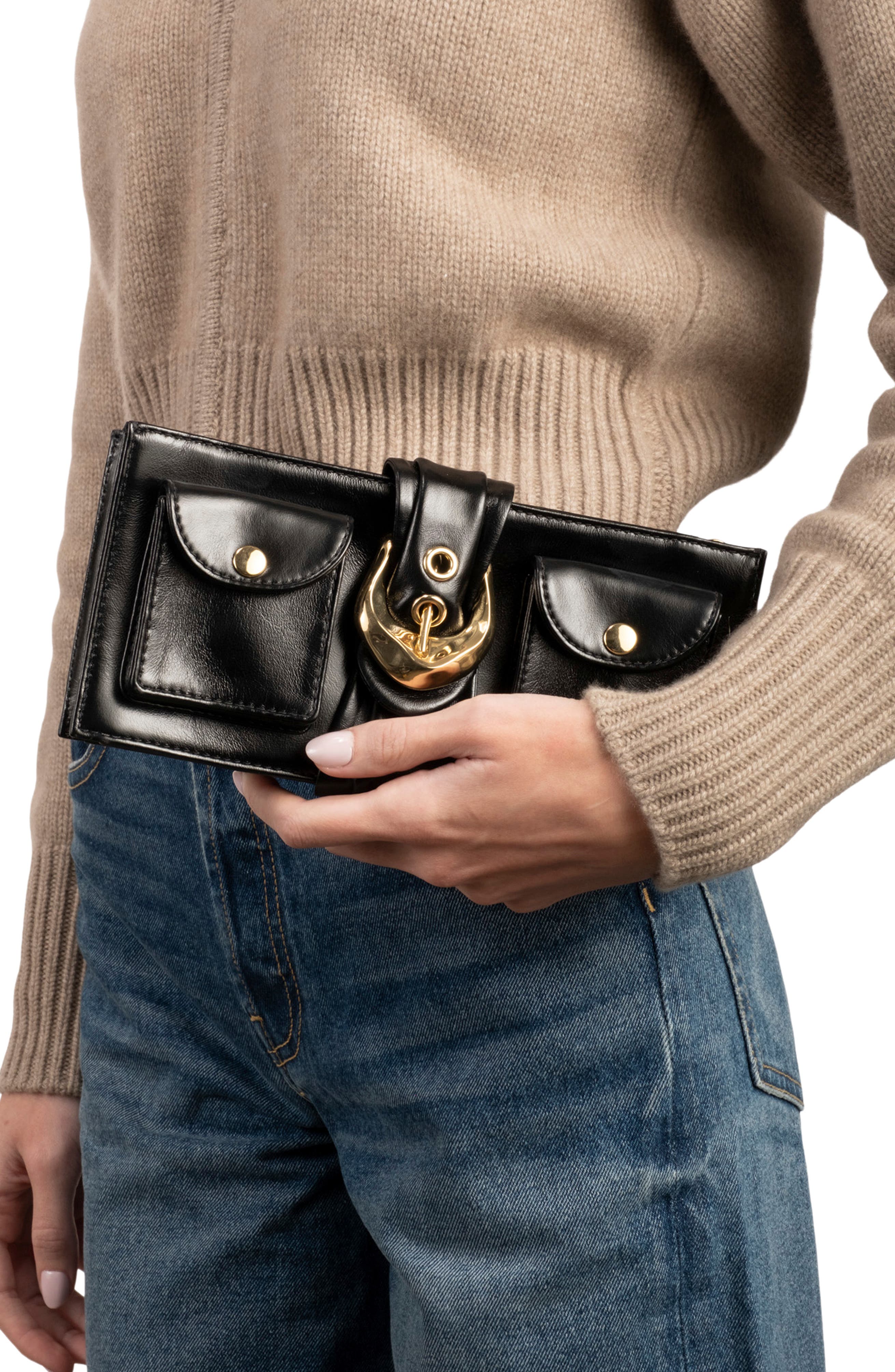 Buckle Leather Clutch, Alternate, color, BLACK
