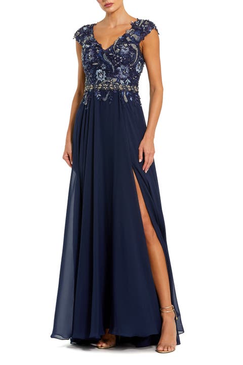 Embellished Cap Sleeve Bodice Chiffon Gown