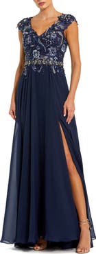 Mac Duggal Embellished Cap Sleeve Bodice Chiffon Gown