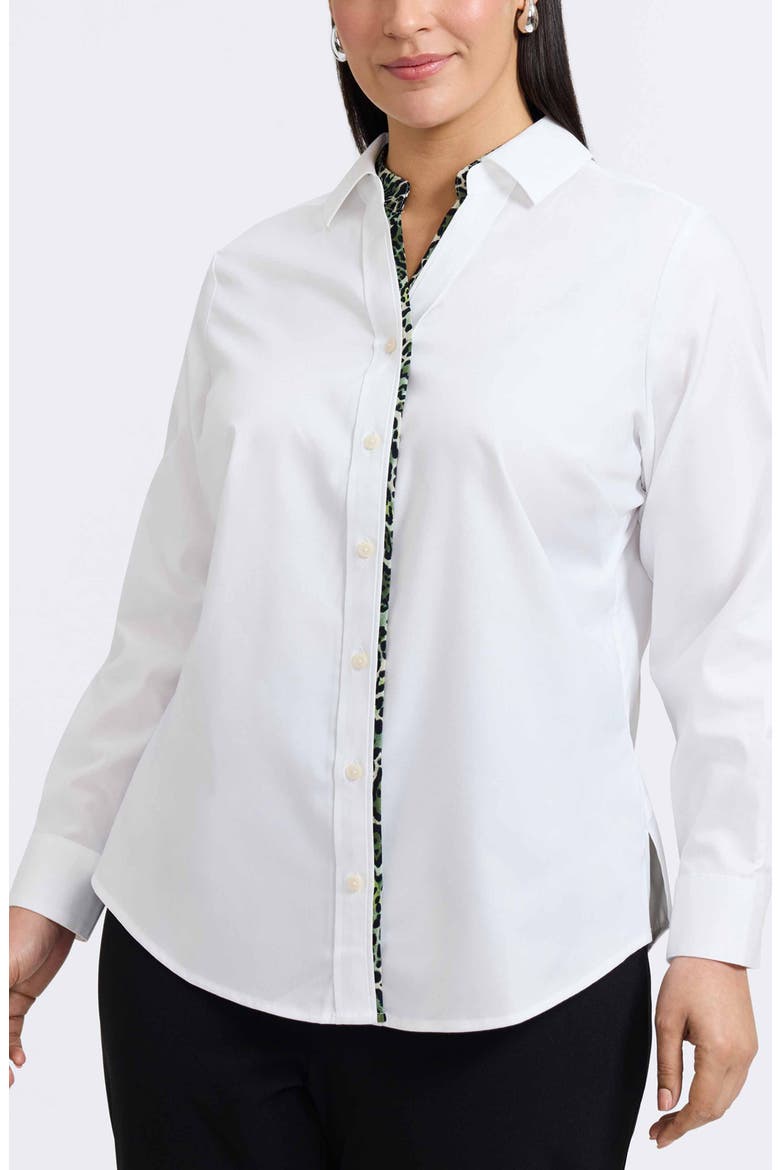 Marlee Leopard Trim Cotton Blend Button-Up Shirt, Main, color, WHITE